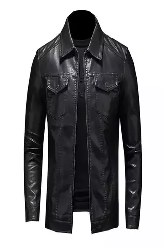 Men's black lambskin leather jacket- straight zipper & 2 pocket biker style