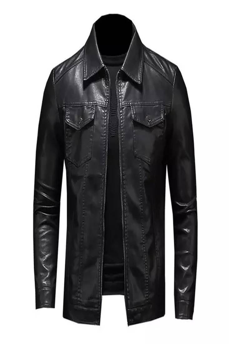 Men's black lambskin leather jacket- straight zipper & 2 pocket biker style
