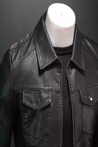 Men's black lambskin leather jacket- straight zipper & 2 pocket biker style
