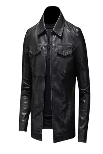 Men's black lambskin leather jacket- straight zipper & 2 pocket biker style