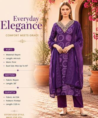 Women's purple rayon printed with embroidery worked straight kurta set with pant & dupatta 2