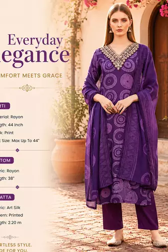 Women's purple rayon printed with embroidery worked straight kurta set with pant & dupatta