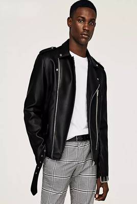 Men's black  lambskin leather jacket- straight zipper & ridded cuff biker style 1