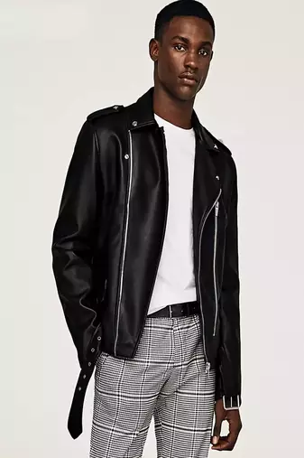 Men's black  lambskin leather jacket- straight zipper & ridded cuff biker style