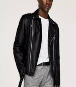 Men's black  lambskin leather jacket- straight zipper & ridded cuff biker style