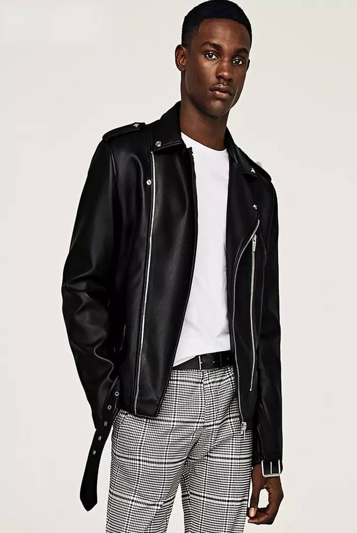 Men's black  lambskin leather jacket- straight zipper & ridded cuff biker style