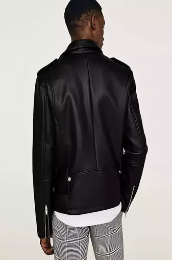 Men's black  lambskin leather jacket- straight zipper & ridded cuff biker style