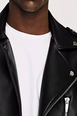 Men's black  lambskin leather jacket- straight zipper & ridded cuff biker style 3