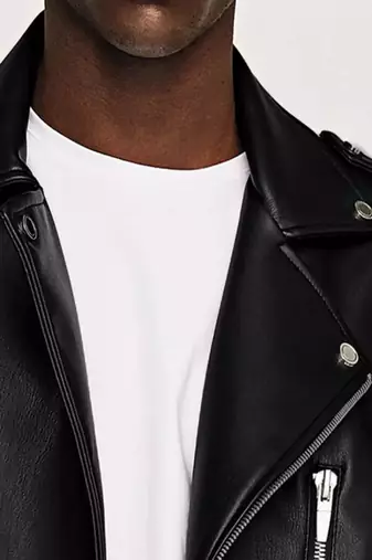 Men's black  lambskin leather jacket- straight zipper & ridded cuff biker style