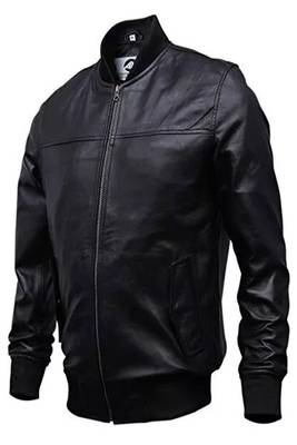 Men's white lambskin leather jacket-black strip & ribb cuff style 1