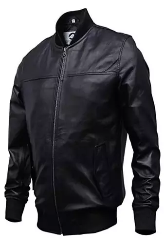 Men's white lambskin leather jacket-black strip & ribb cuff style