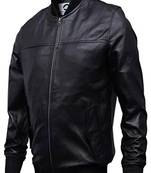 Men's white lambskin leather jacket-black strip & ribb cuff style