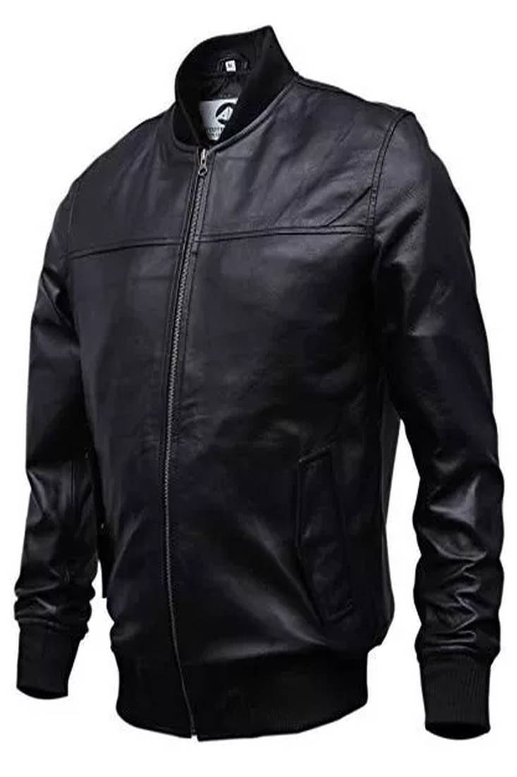Men's white lambskin leather jacket-black strip & ribb cuff style