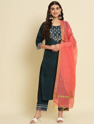teal fancy silk blend kurta set 2