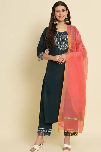 teal fancy silk blend kurta set