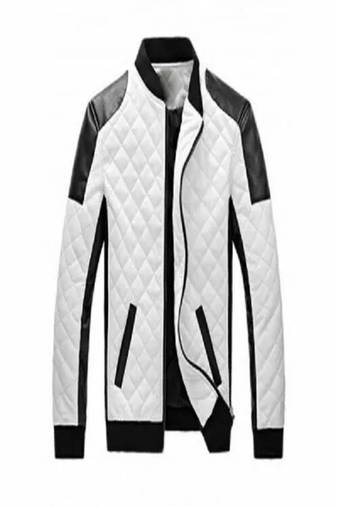 Men's white black quilted lambskin leather jacket ribb neck style