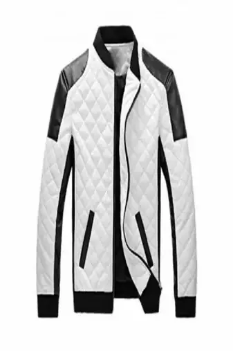 Men's white black quilted lambskin leather jacket ribb neck style