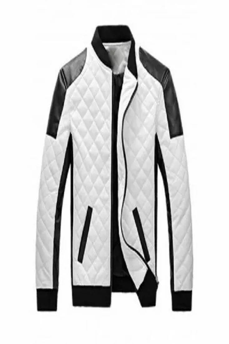 Men's white black quilted lambskin leather jacket ribb neck style