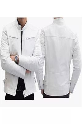 Men's white lambskin leather jacket- quilted shoulder & zipper feather 1