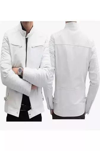 Men's white lambskin leather jacket- quilted shoulder & zipper feather