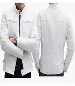 Men's white lambskin leather jacket- quilted shoulder & zipper feather