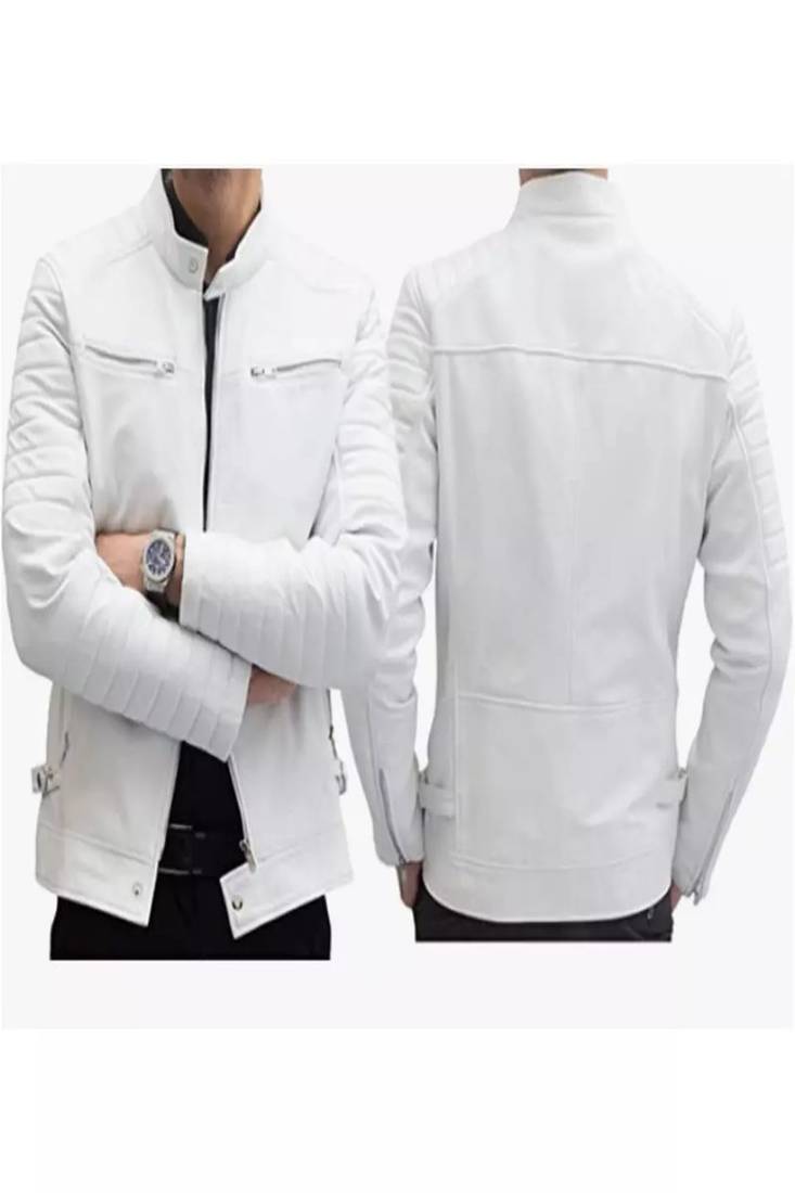 Men's white lambskin leather jacket- quilted shoulder & zipper feather
