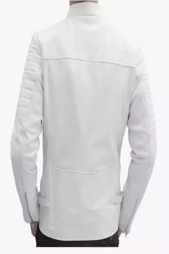 Men's white lambskin leather jacket- quilted shoulder & zipper feather
