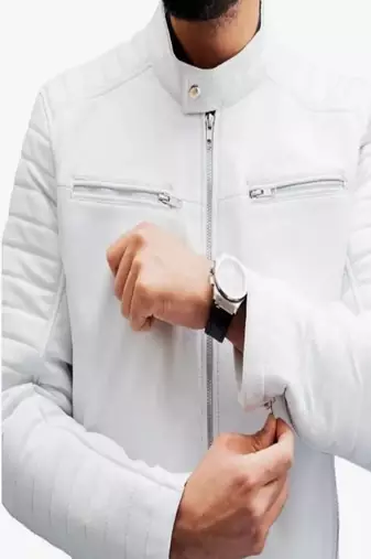 Men's white lambskin leather jacket- quilted shoulder & zipper feather
