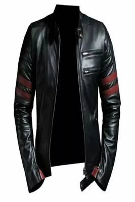 Men's black lambskin leather jacket- red strip detail style 1