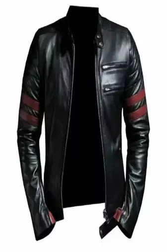 Men's black lambskin leather jacket- red strip detail style