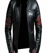Men's black lambskin leather jacket- red strip detail style