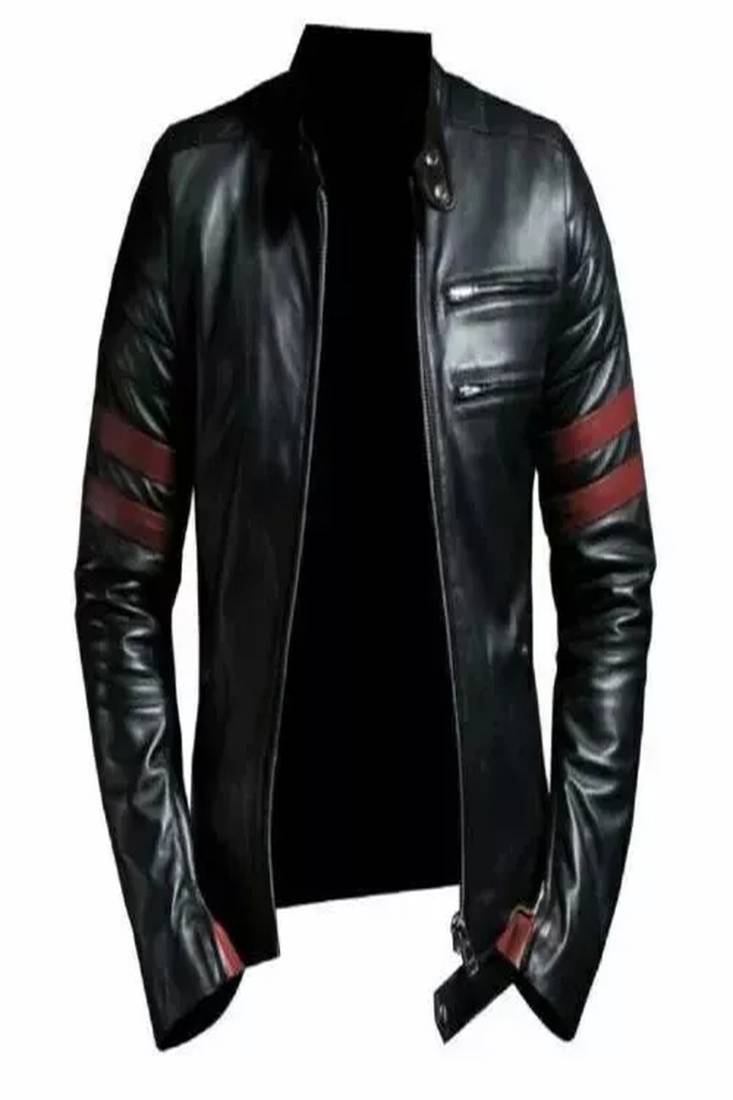 Men's black lambskin leather jacket- red strip detail style