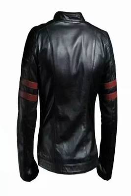 Men's black lambskin leather jacket- red strip detail style 2