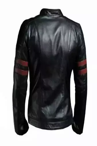 Men's black lambskin leather jacket- red strip detail style