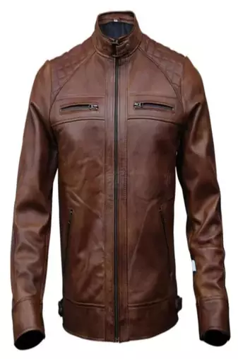 Men's black lambskin leather jacket-quilted shoulder