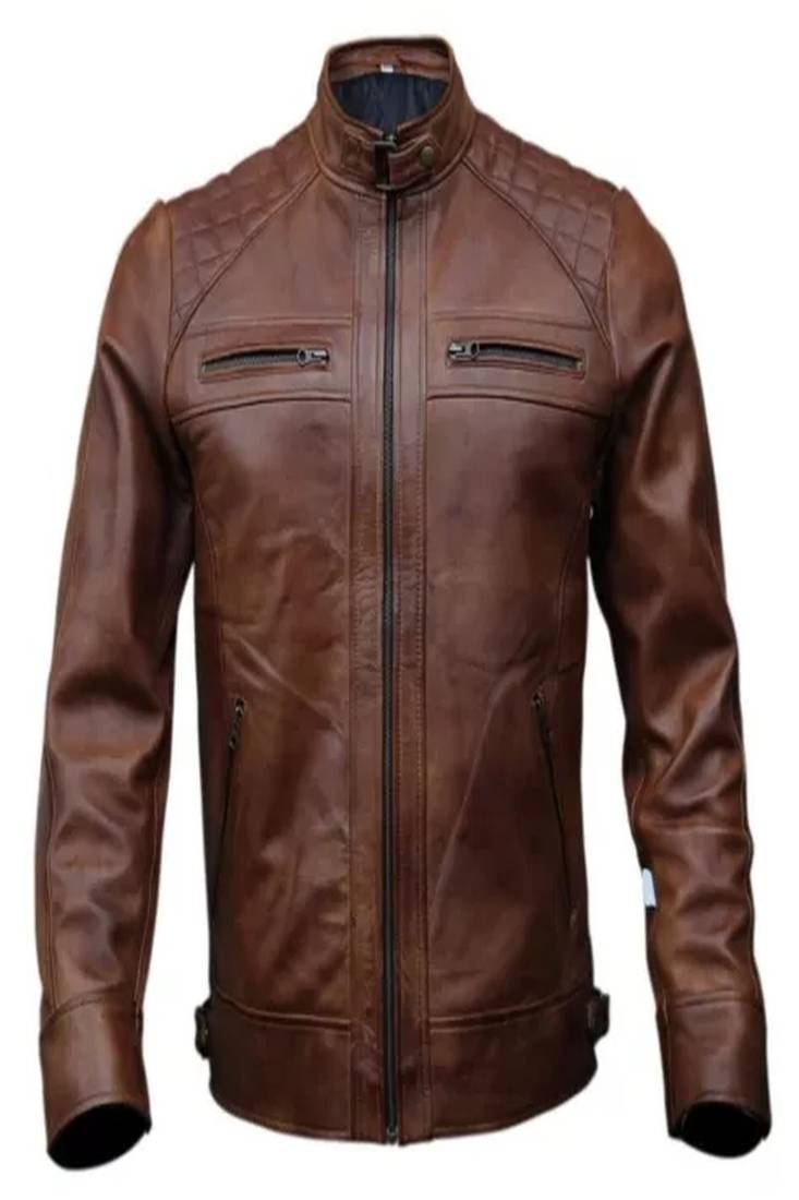 Men's black lambskin leather jacket-quilted shoulder