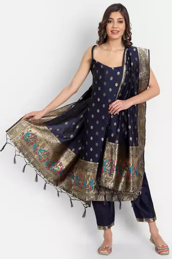 navy-blue fancy cotton silk kurta set