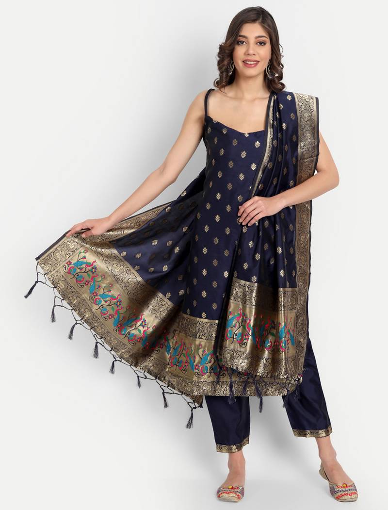 navy-blue fancy cotton silk kurta set