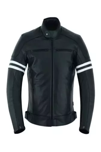 Men's black lambskin leather jacket white strip moto jacket