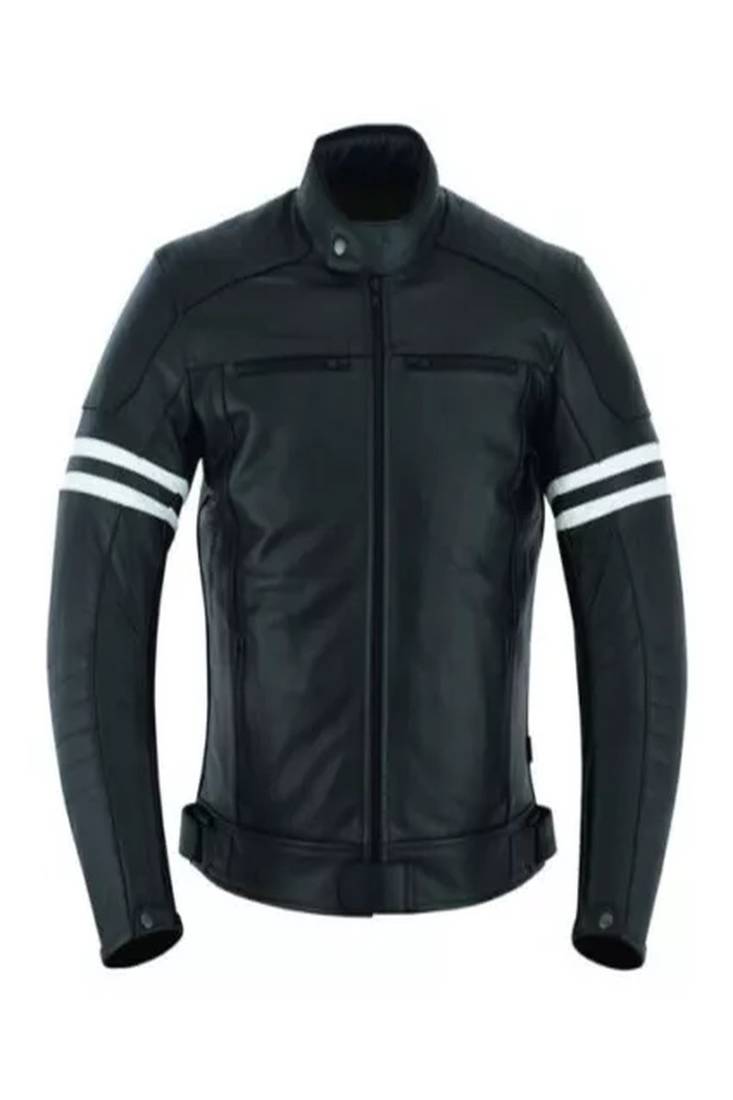 Men's black lambskin leather jacket white strip moto jacket