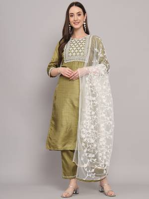 green fancy silk blend kurta set 1