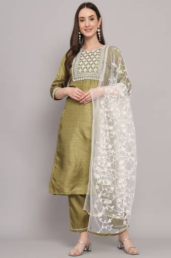 green fancy silk blend kurta set