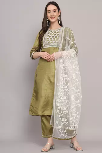 green fancy silk blend kurta set