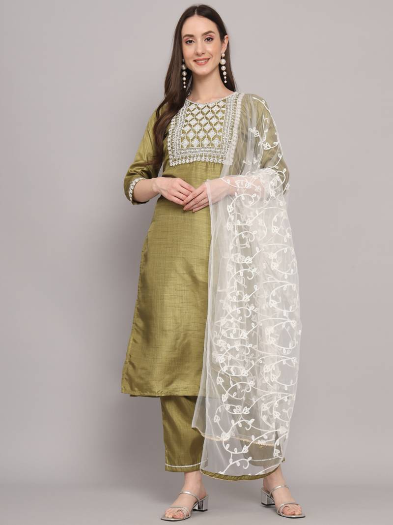 green fancy silk blend kurta set