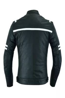 Men's black lambskin leather jacket white strip moto jacket 2