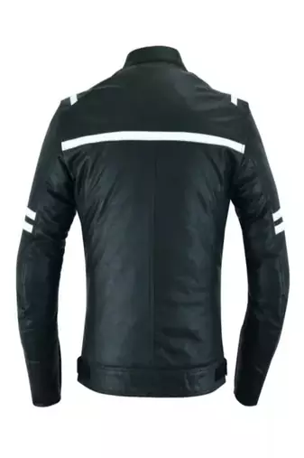 Men's black lambskin leather jacket white strip moto jacket