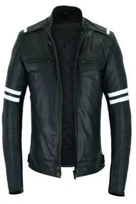 Men's black lambskin leather jacket white strip moto jacket 3
