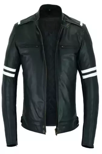 Men's black lambskin leather jacket white strip moto jacket