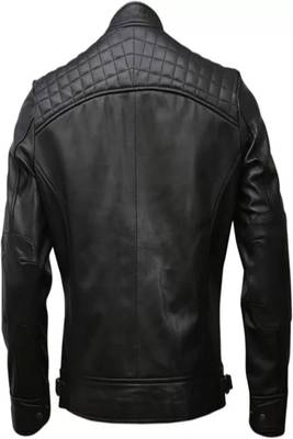 Men's black lambskin leather jacket-quilted shoulder moto jacket 1