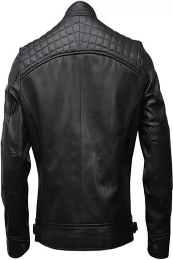 Men's black lambskin leather jacket-quilted shoulder moto jacket